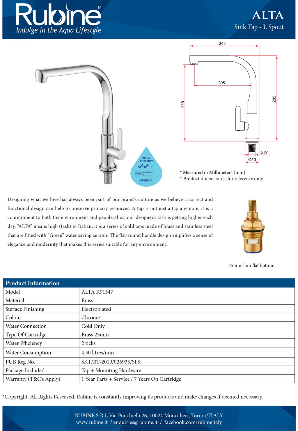 Rubine X Sgplumbmart Alta K91347ch Fresco K97347ch Sink Cold Tap Cold Water Kitchen Sink Tap 7801