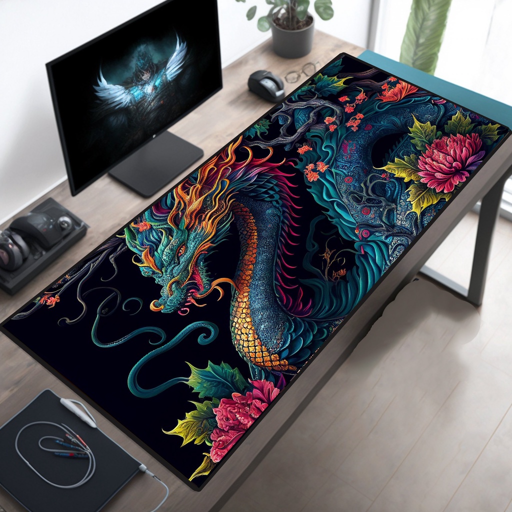 Desk Mat, Oriental Japanese Dragon Large Desk Pad 2, Extend Gaming