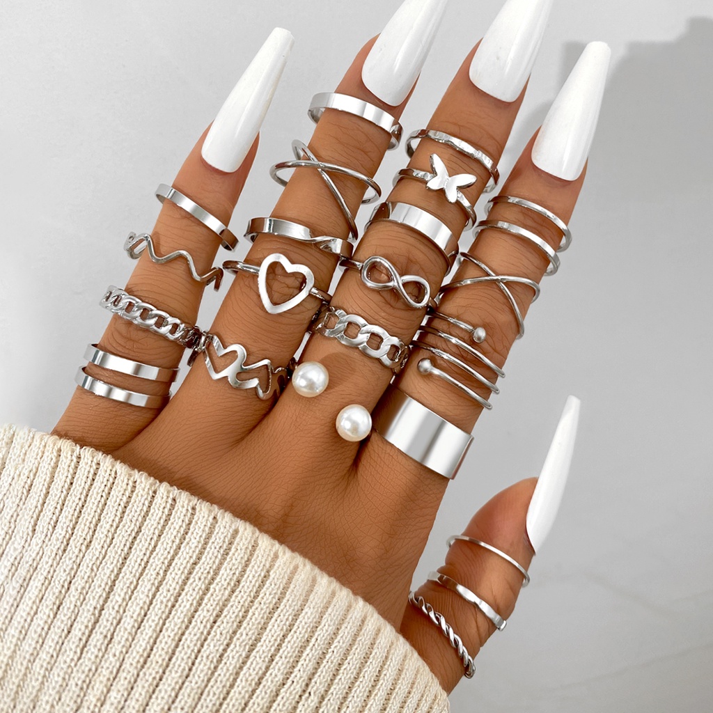 Trendy Vintage Hollow Heart Butterfly Rings Set For Women Metal Silver ...