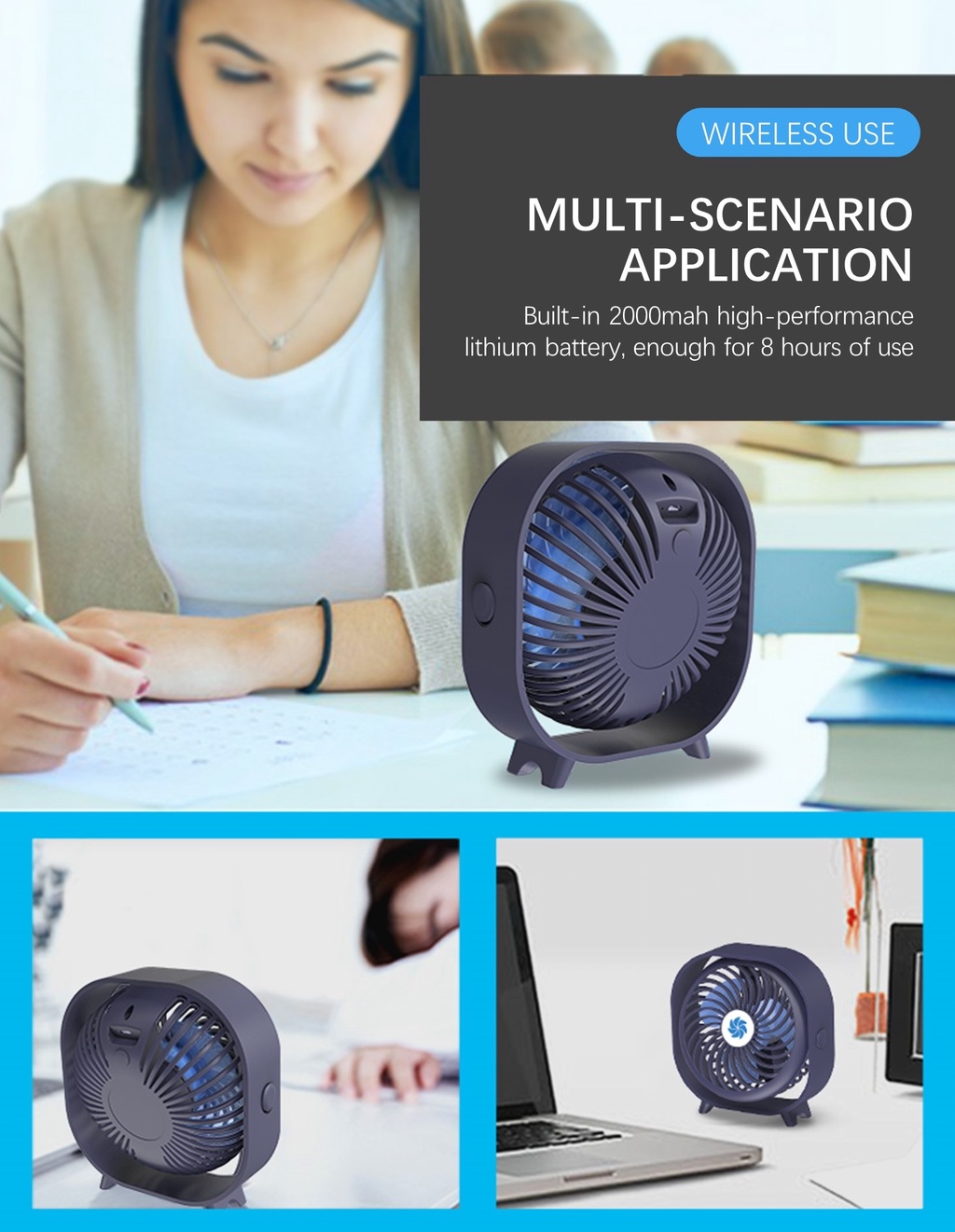 Silent Desktop Fan Mute 360-Degree Rotation Portable Fan USB Charging ...