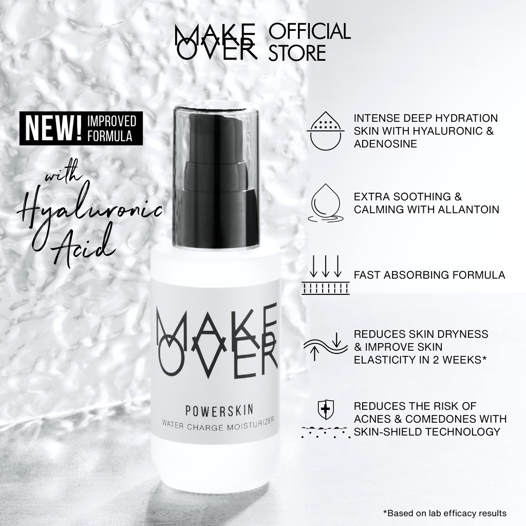 MAKE OVER Powerskin Water Charge Moisturizer - Hyaluronic Acid HA ringan lembab watery gampang cepat meresap base makeup kulit kenyal dalam 2 minggu cocok sebelum makeup tidak berwarna non-comedogenic - Gambar 3