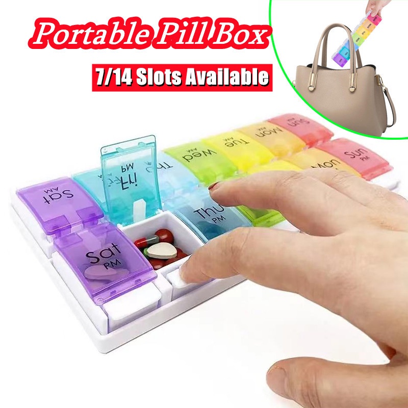 Portable Pill Box 7 Days AM PM Weekly Pill Case Push Type Travel ...