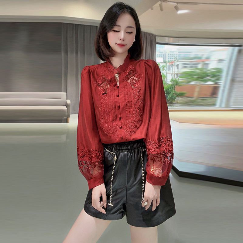 Women Red Front Embroidered Shirt