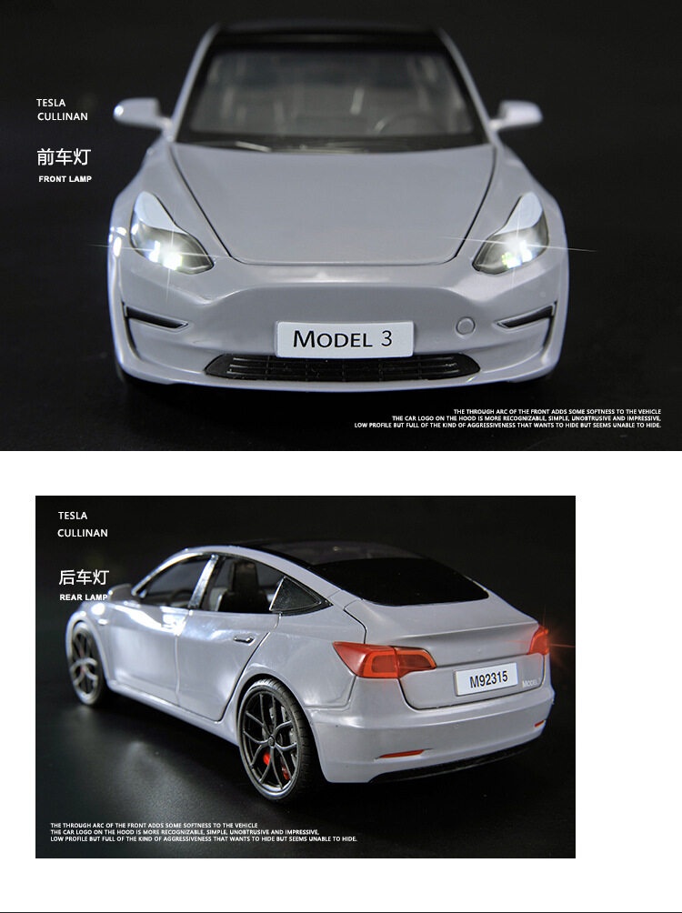 1:24 Scale Tesla Model 3 Alloy Car Model Light & Sound Effect Diecast ...