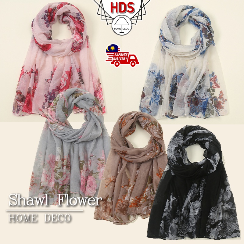 HDS Premium Elegant Flower Voile Tudung Voile Seaside Long Shawl Raya