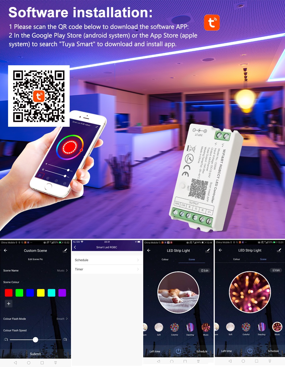 Smart LED Controller WiFi Bluetooth Phone APP Remotely For RGBW RGB CCT ...