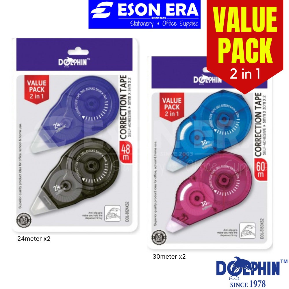 Dolphin Correction Tape 2in1 Value Pack 40meter / 48meter / 60meter ...