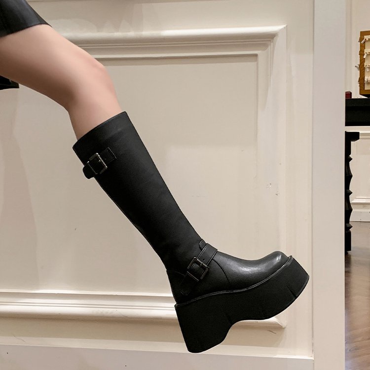 PU platform bottom thick bottom high boots Women's Korean style round ...