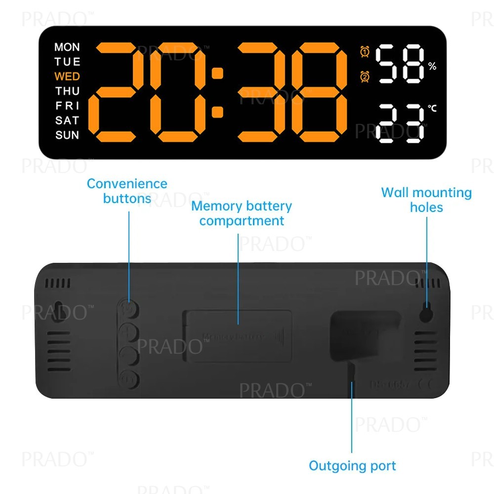 PRADO LED Digital Wall Clock USB Charge Large Display Date Time 12