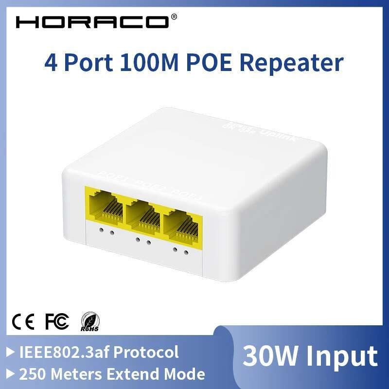 HORACO 3 Port POE Extender 10/100Mbps 1 to 3 Network Switch Repeater ...