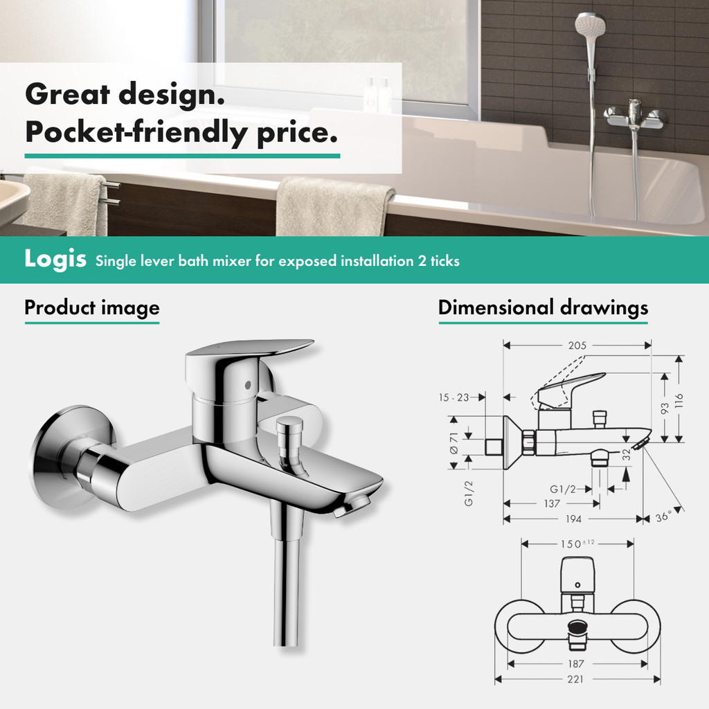 hansgrohe bath mixer Logis - single lever bath mixer tap for exposed ...