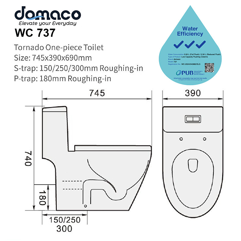 Domaco 737 Rimless [New Gen] Tornado Flushing Toilet Bowl Soft Closing ...