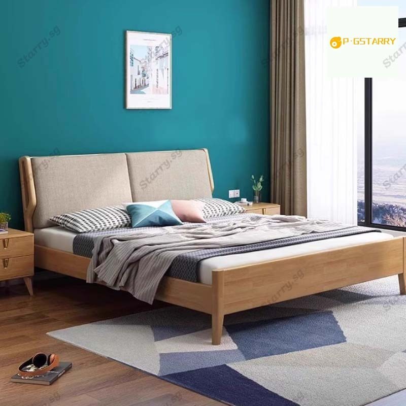 S·T Bed Frame Solid Wood Bed Modern Simple Rental House Double Bed Soft ...