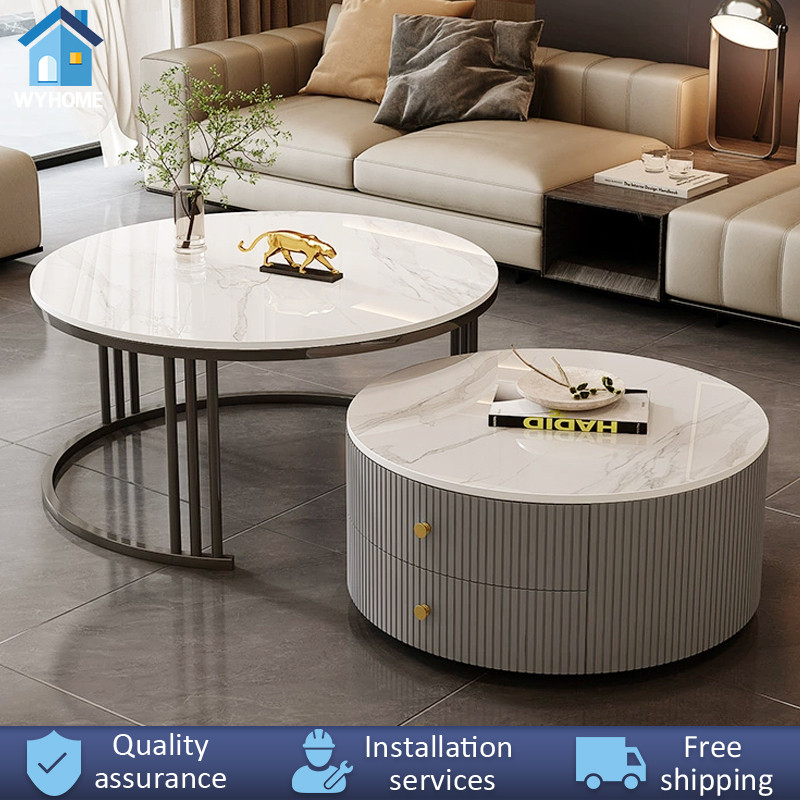 WY Rock Plate Tea Table Living Room Home Double Round Coffee Tea Table ...