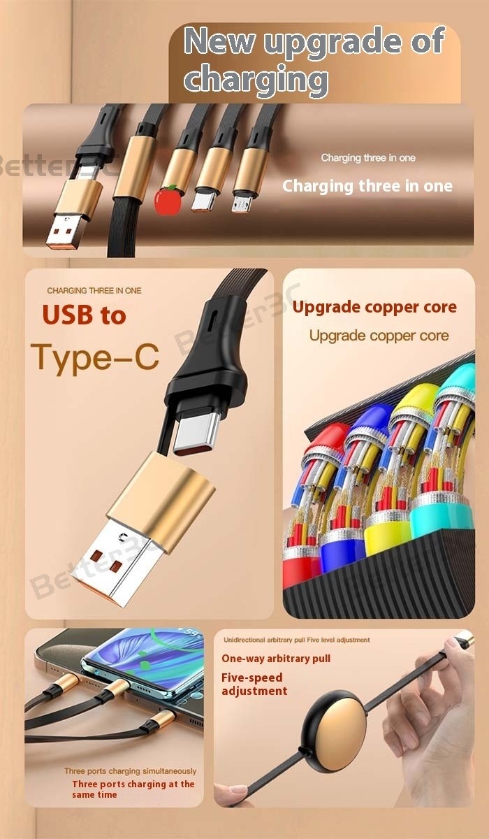 2 to 3 Spring Retractable Data Cable 120W Super Fast Charging USB/Type ...