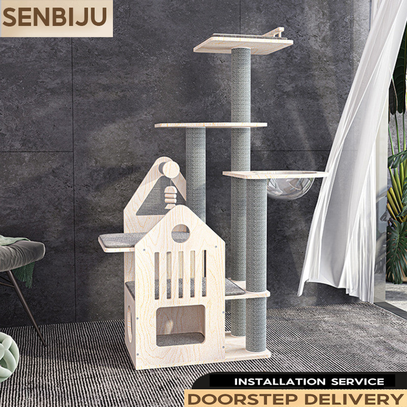 BabyDairy Multi-Level Solid Wood Cat Tree - 3-in-1 Cat Tower with Condo ...