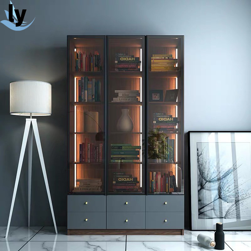 Bookshelf Modern Luxury Living Room Glass Door Bookcase Integrated Wall ...