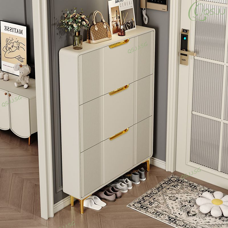 QSJJ Shoe Cabinet Cream Style Ultra-thin Flip Bucket Shoe Rack Home ...