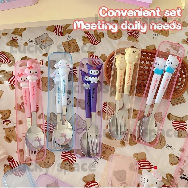 Kuromi Kids Stainless Steel Spoon Fork Set With Box Sanrio Cinnamoroll ...