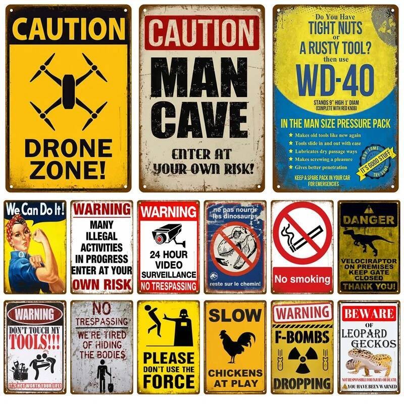 Vintage Warning Tin Signs Retro Caution Metal Sign Cafe Club Man Cave ...