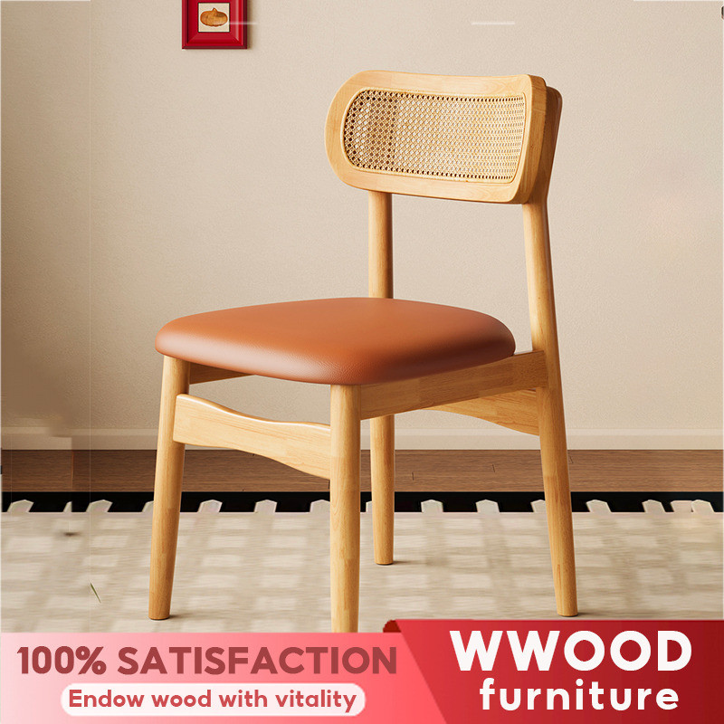 Solid Wood Dining Chair French Mid-Century Style Rattan Backrest Sponge ...