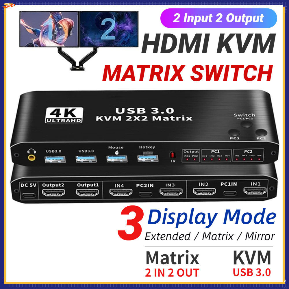 4K 60Hz Dual Monitor HDMI KVM Matrix Switch 2x2 For 2 PC Switching 2 ...