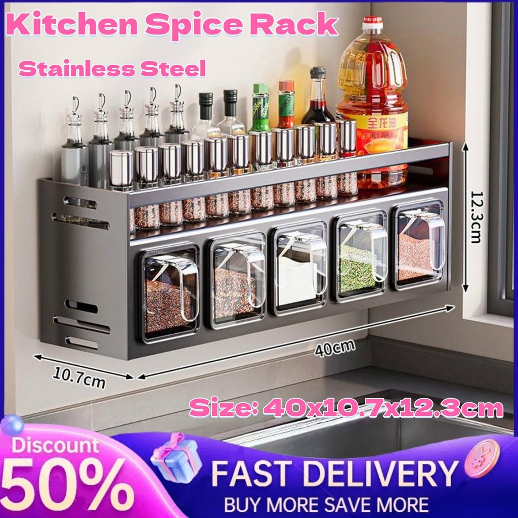 Stainless Steel Kitchen Spice Rack Wall-Mounted Multi-Functional Spice ...