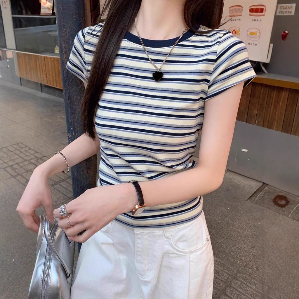 【WJZ】Women's Korean Fashion Retro Stripe Design Round Neck Short Sleeve ...