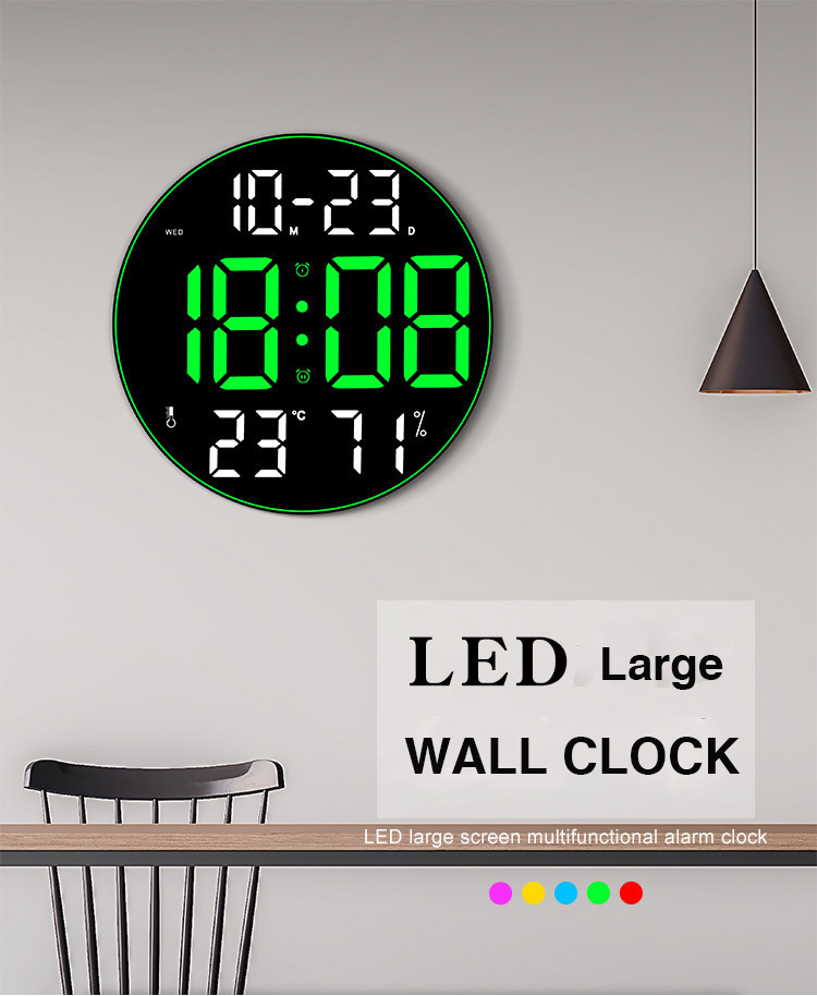 12inch Large Screen LED Round Wall Clock Humidity Temperature Date ...