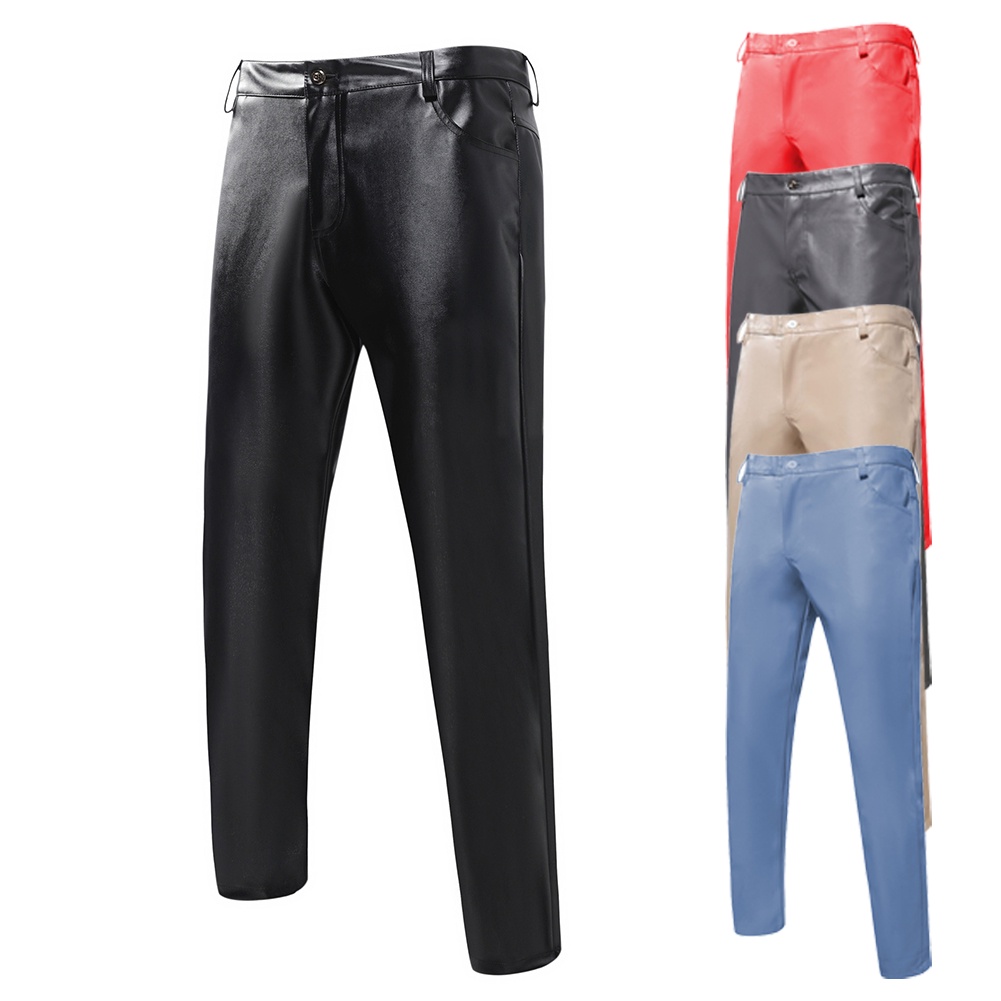 【New】Men Faux Leather Pencil Skinny Dress Pants Work Business Formal