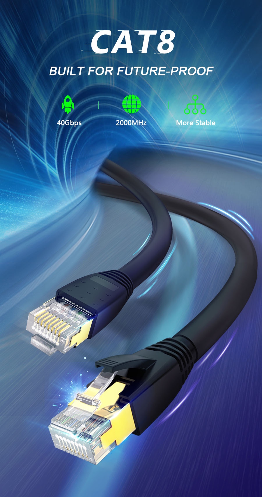 ZoeRax CAT8 Ethernet Cable 24AWG 40Gbps 2000Mhz Heavy Duty High Speed ...