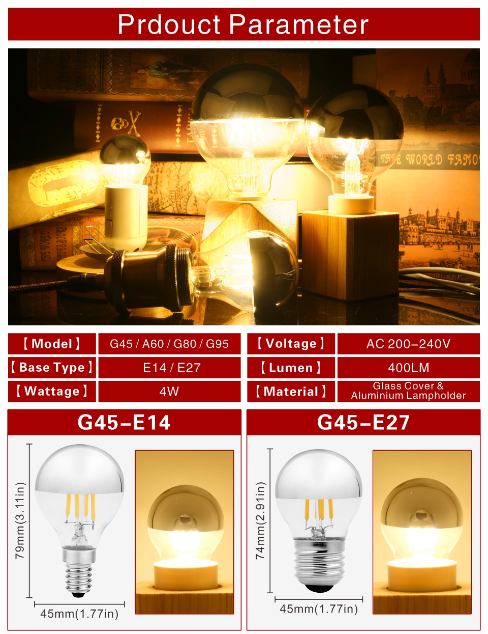Got Liang Mirror Silver Retro Edison LED Light Bulb E14 E27 4W 220V G45 ...