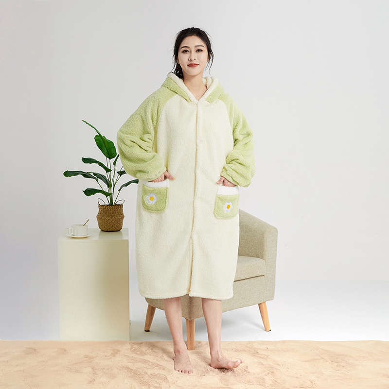 2024 Adults Cute Cartoon Green Duck Robe Set Women Flannel Long Sleeve Pajamas Kigurumi Unisex