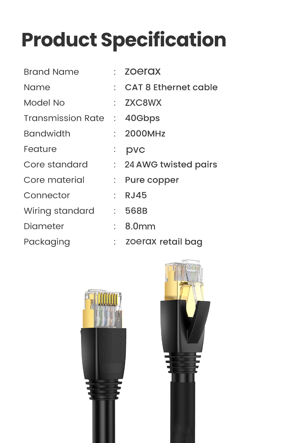 ZoeRax CAT8 Ethernet Cable 24AWG 40Gbps 2000Mhz Heavy Duty High Speed ...