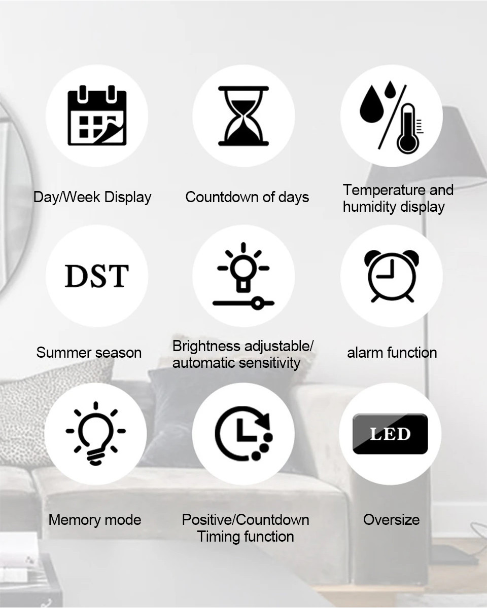 Rectangle LED Screen Alarm Clock Temperature Humidity Week Date Digital ...