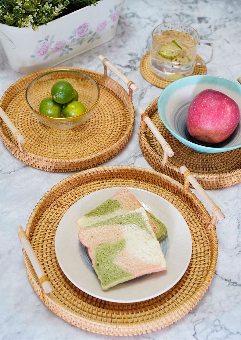 Rattan Tray Round Storage Basket Tray With Wooden Handle for Bread ...