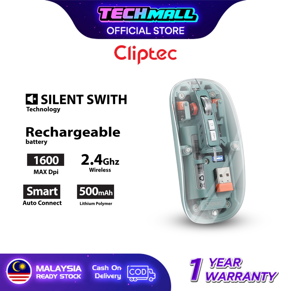 CLIPTEC RZS630 2.4GHZ 1600DPI TRANSPARENT RECHARGEABLE SILENT WIRELESS ...