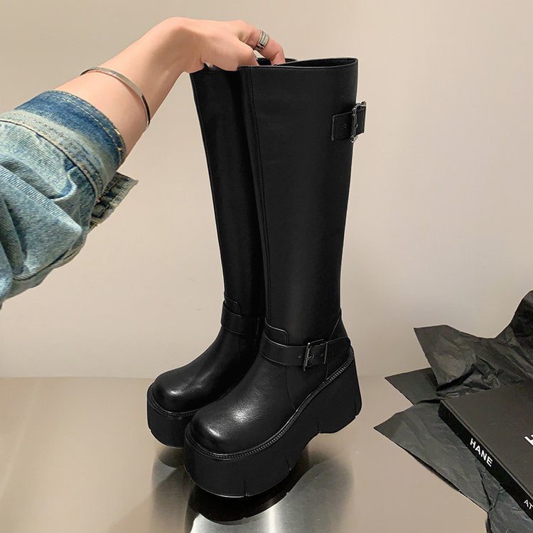 PU platform bottom thick bottom high boots Women's Korean style round ...