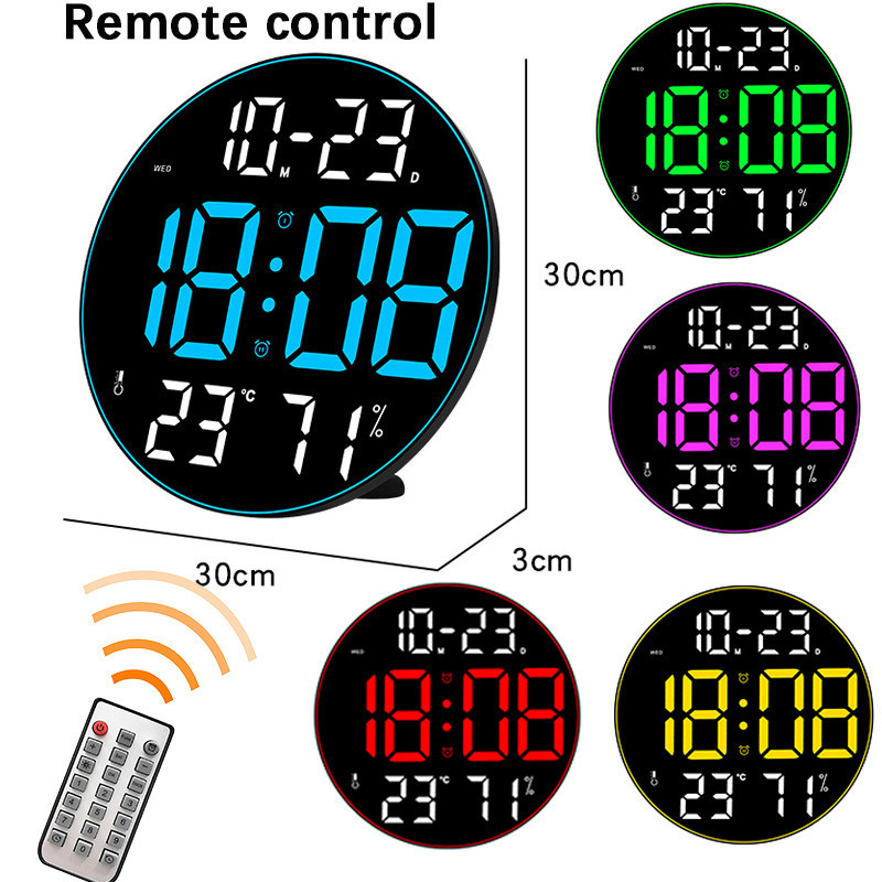 12inch Large Screen LED Round Wall Clock Humidity Temperature Date ...