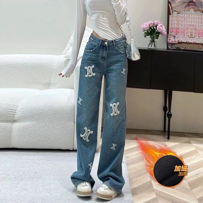 Korean Girl Plush Wide Leg Jeans Slim Fit Versatile Student Casual Pants  High Waiste Trousers