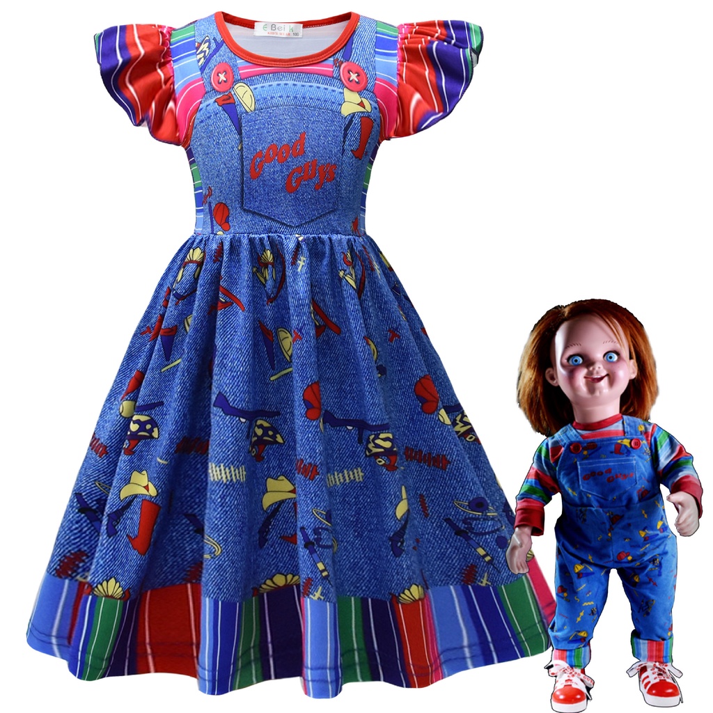 Kids Halloween Chucky Cosplay Costume Girls Dress Cartoon Scary Ghost