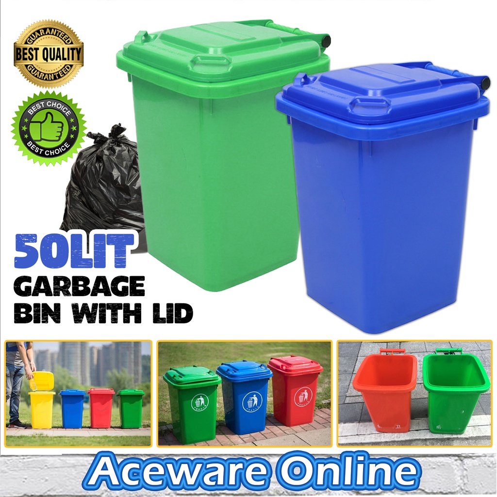 50L Outdoor Trash Bin Tong Sampah Bertutup Besar Hijau Large Mobile