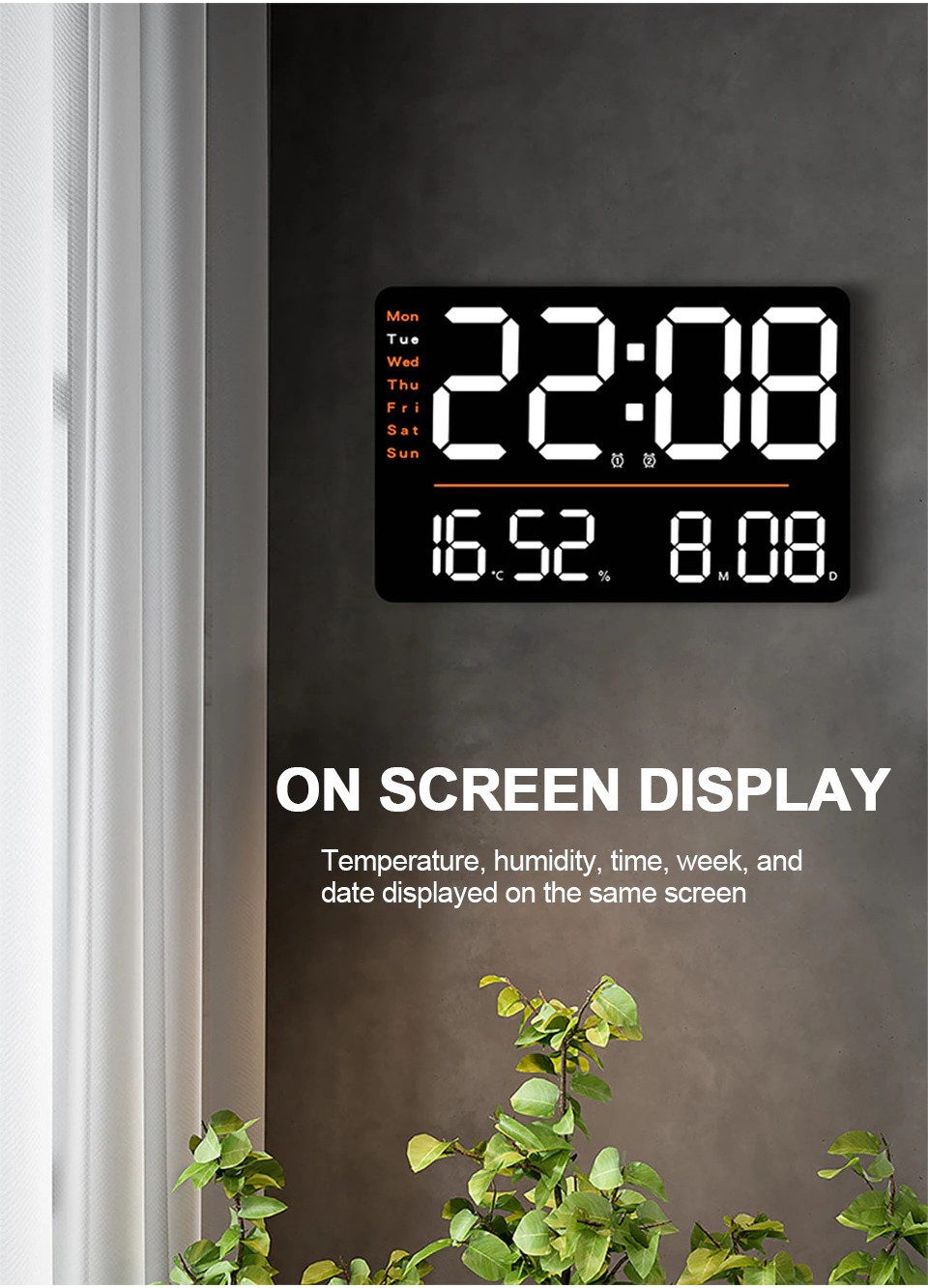 Rectangle LED Screen Alarm Clock Temperature Humidity Week Date Digital ...