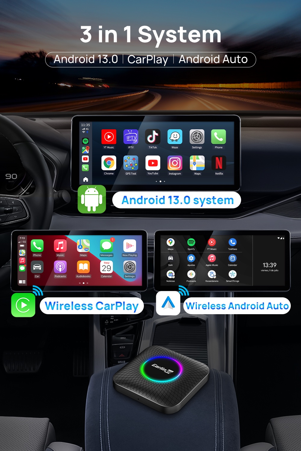 Carlinkit Wireless CarPlay Ai Box Android13 QCM 8-Core 8+