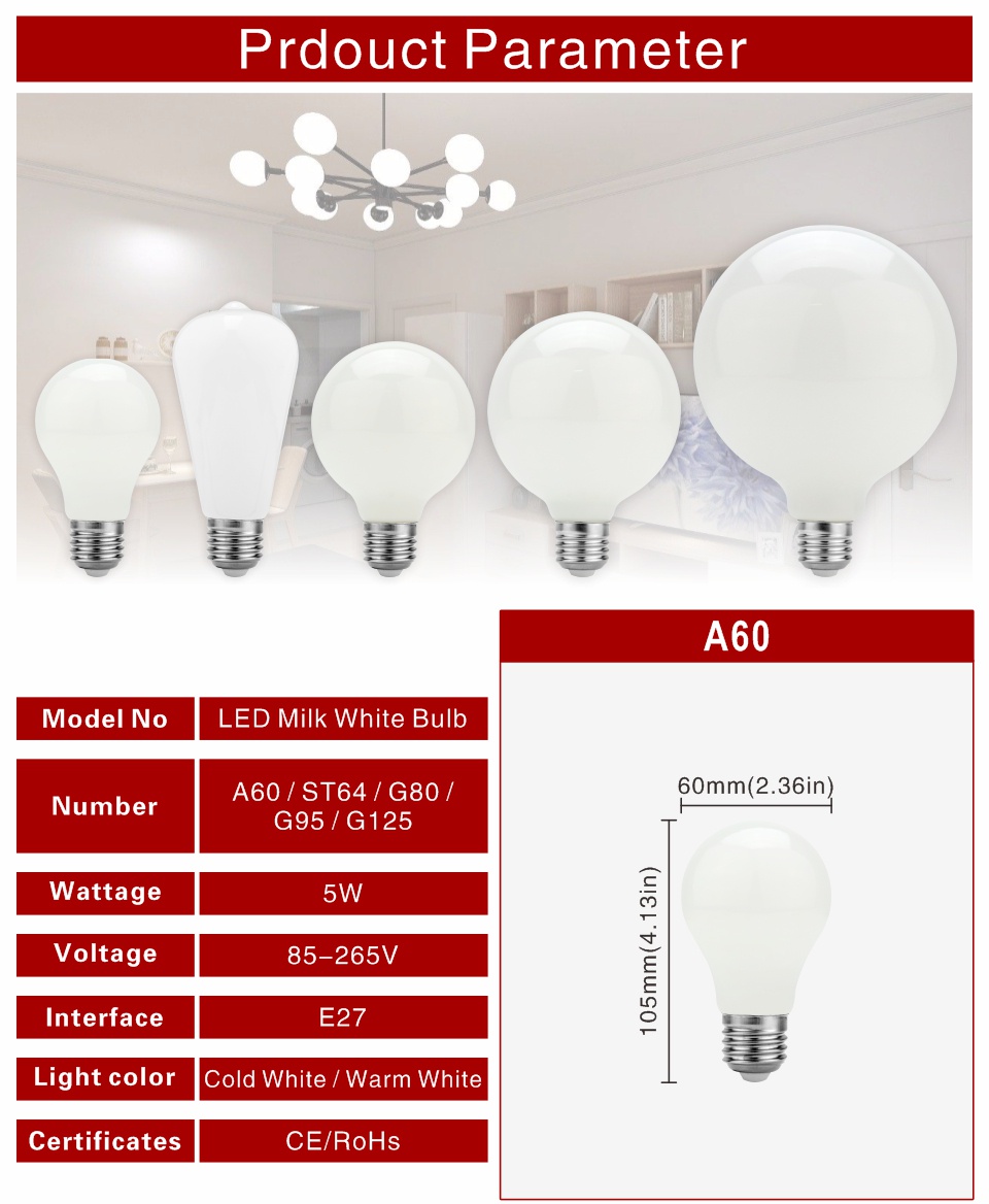 Got Liang Edison LED Light Bulb E27 5W A60 ST64 G80 G95 G125 Milky ...