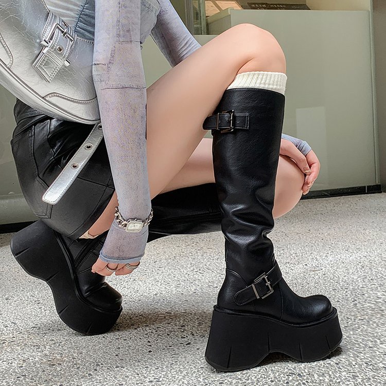 PU platform bottom thick bottom high boots Women's Korean style round ...
