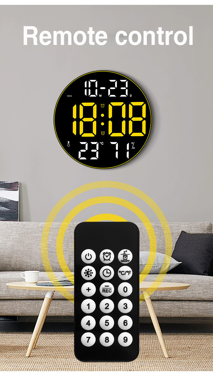 12inch Large Screen LED Round Wall Clock Humidity Temperature Date ...