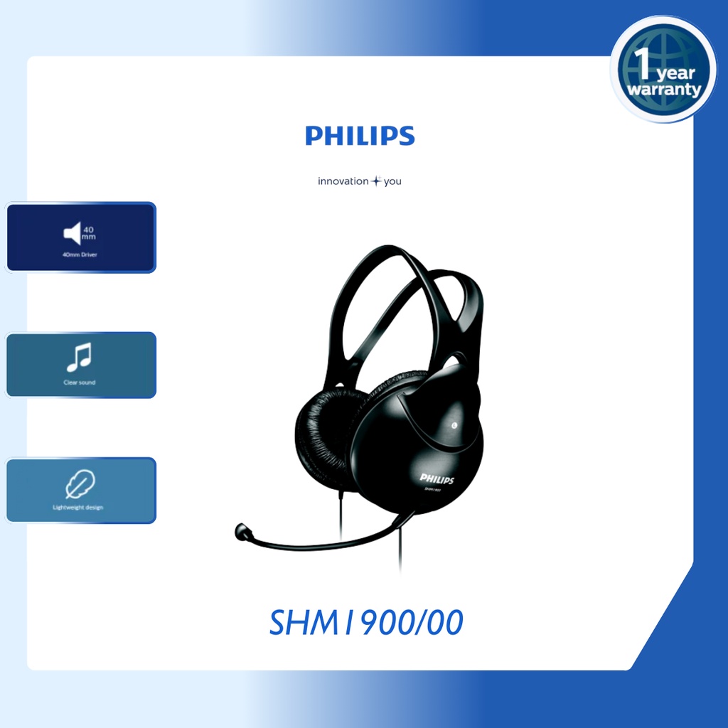 Philips SHM1900 PC Headset Clear conversations Lightweight design 2 to 1 adapter works on PC and Laptop 1 Year warranty Shopee Singapore