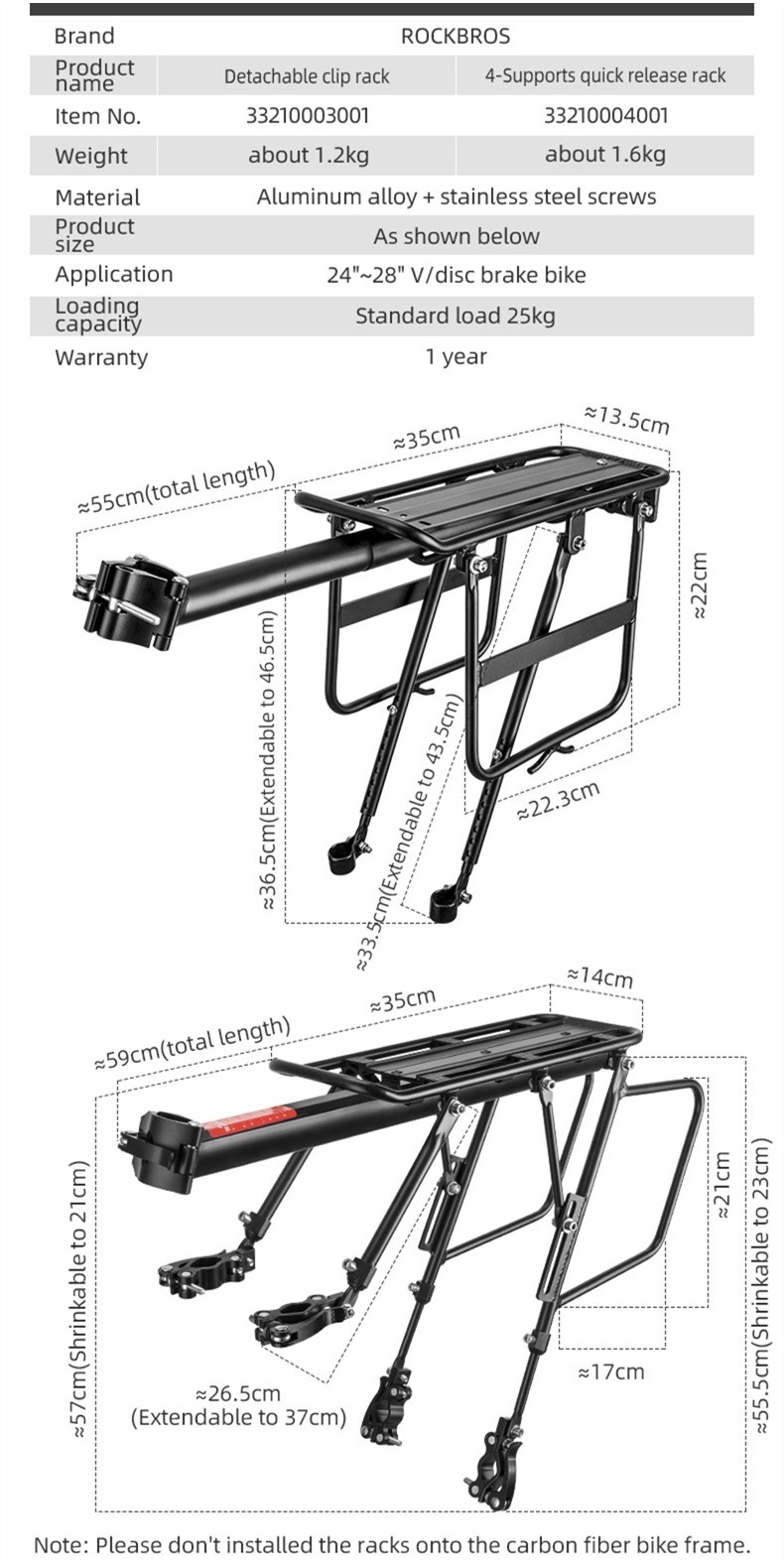 ROCKBROS Bicycle Cargo Rack Rear Bike Pannier Rack Quick Release MTB ...