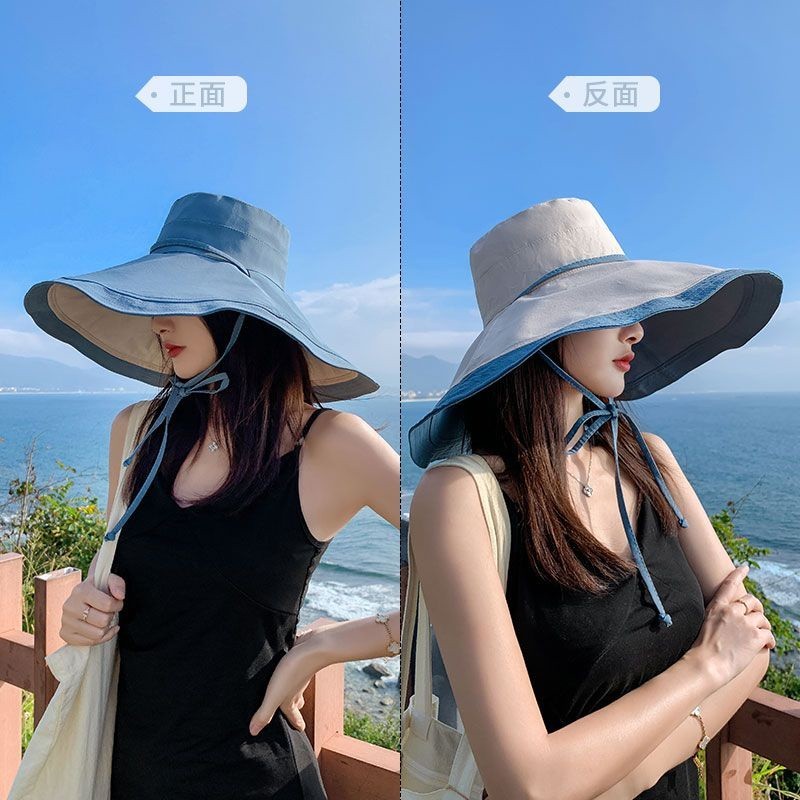 18CM Oversized Brim Double-Sided Use Bucket Hat Female Outdoor Sunshade ...